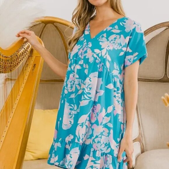 BiBi Floral Crinkle Shirred Ruffle Detail V‎ Neck Dress - Picture 15 of 16